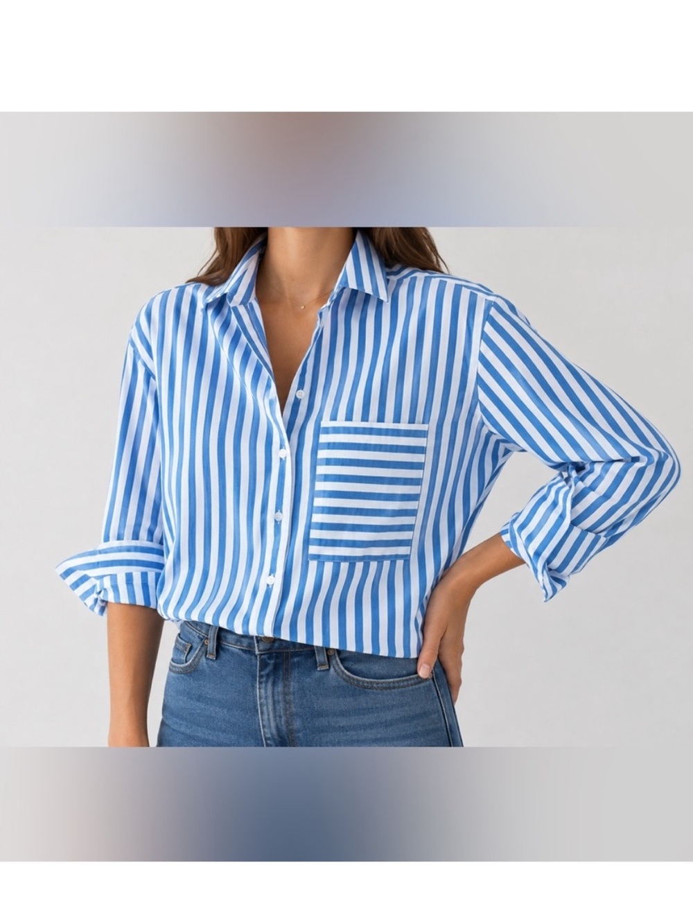 AYR the deep end blouse blue white stripe button down cotton stretch large